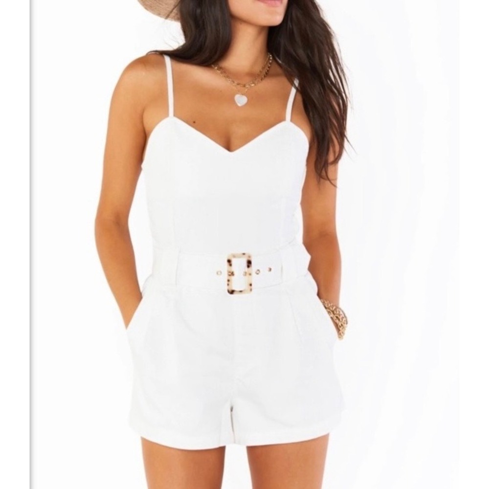 Show Me Your Mumu Sloane White Denim Romper Belted V-Neck Smocked Back Size L